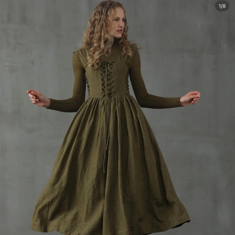 Linennaive Glory 33 Dress in Olive Green, Size S (offers welcome)
